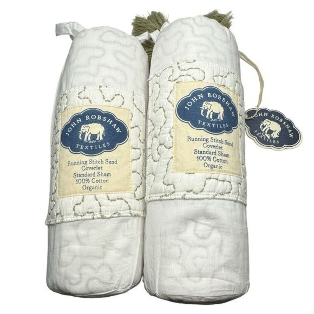 John Robshaw Running Stitch White Sand Organic Cotton Voile Sham Set Bedding NEW